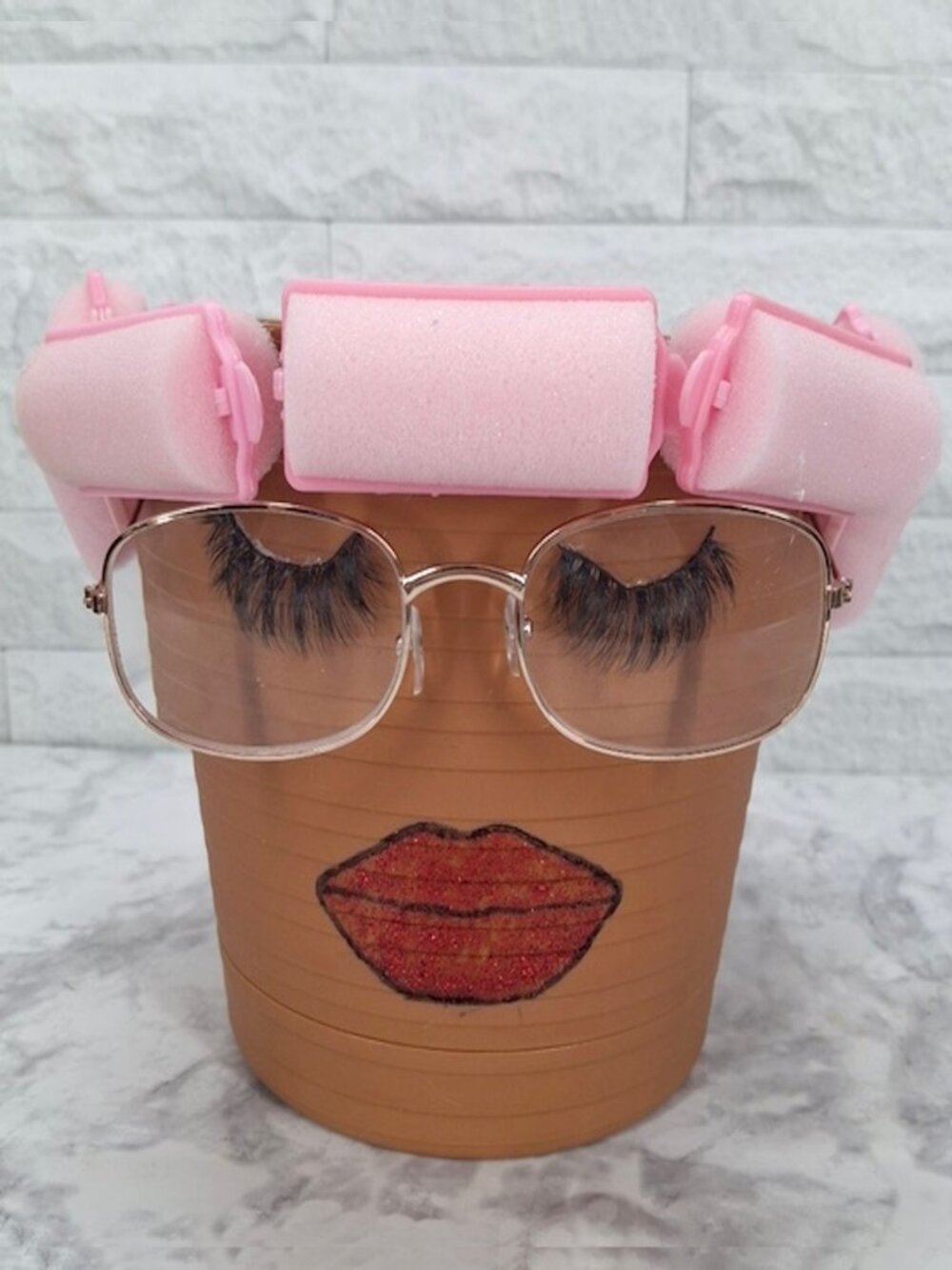 HAND CRAFTED Pot Head Planter Pink Curlers Upcycled Face Grandma Lady Funny
